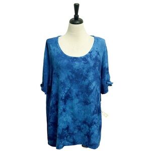 Cottonways Blue Topaz Jenn Tie Short Sleeve Cotton Gauze Tie Dye Print Top 3 2X